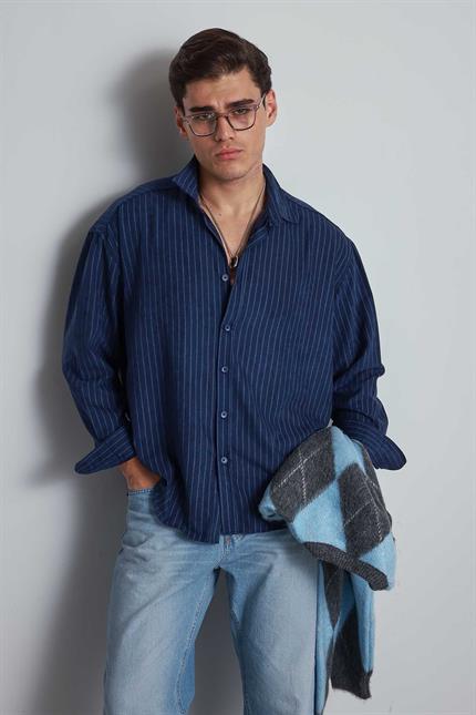 Erkek Oversize Çizgili Uzun Kollu Gömlek Lacivert