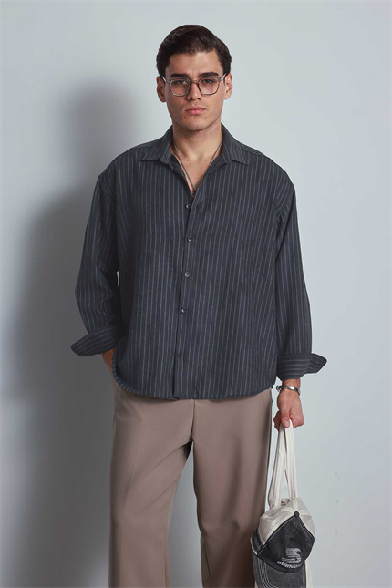 Erkek Oversize Çizgili Uzun Kollu Gömlek Antrasit