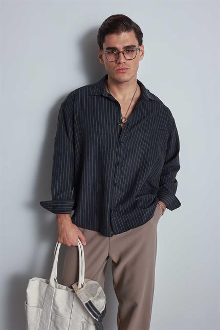 Erkek Oversize Çizgili Uzun Kollu Gömlek Siyah