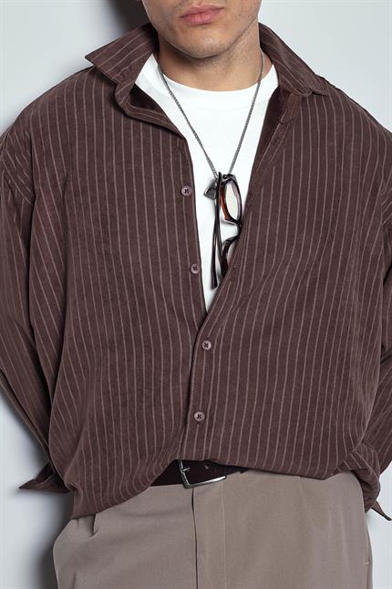 Erkek Oversize Çizgili Uzun Kollu Gömlek Kahverengi