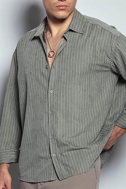 Erkek Oversize Çizgili Uzun Kollu Gömlek Haki Yeşil