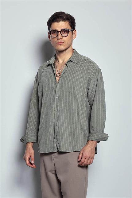 Erkek Oversize Çizgili Uzun Kollu Gömlek Haki Yeşil