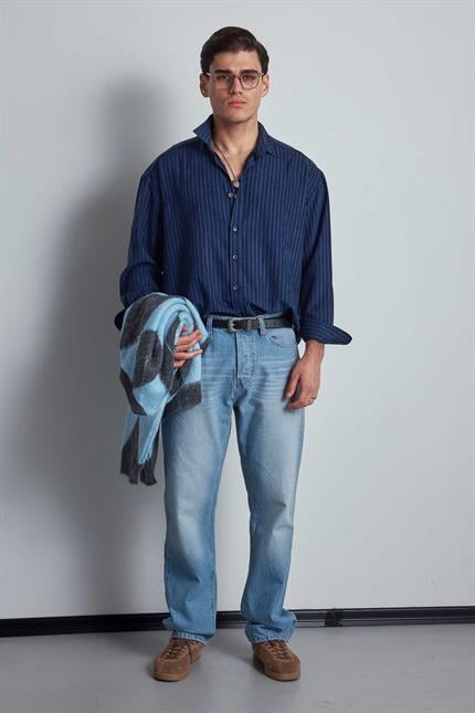 Erkek Oversize Çizgili Uzun Kollu Gömlek Lacivert
