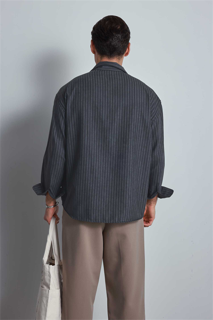 Erkek Oversize Çizgili Uzun Kollu Gömlek Antrasit