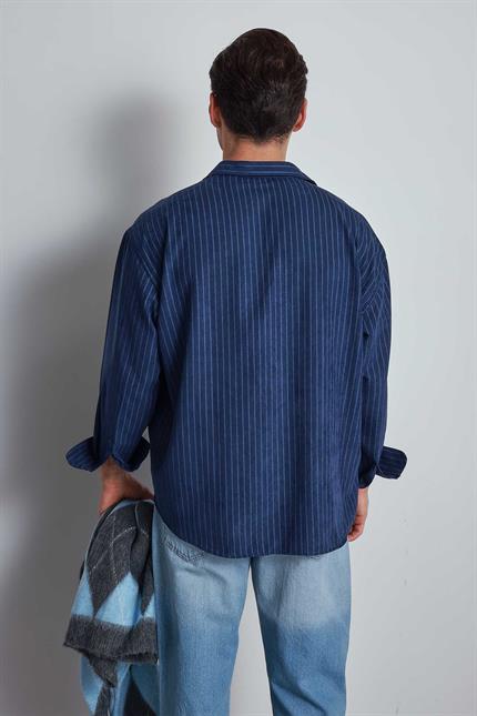 Erkek Oversize Çizgili Uzun Kollu Gömlek Lacivert