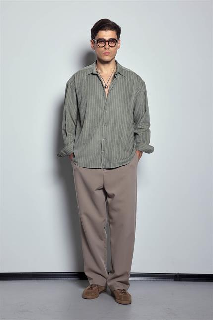 Erkek Oversize Çizgili Uzun Kollu Gömlek Haki Yeşil