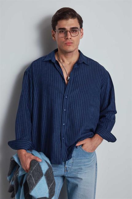 Erkek Oversize Çizgili Uzun Kollu Gömlek Lacivert