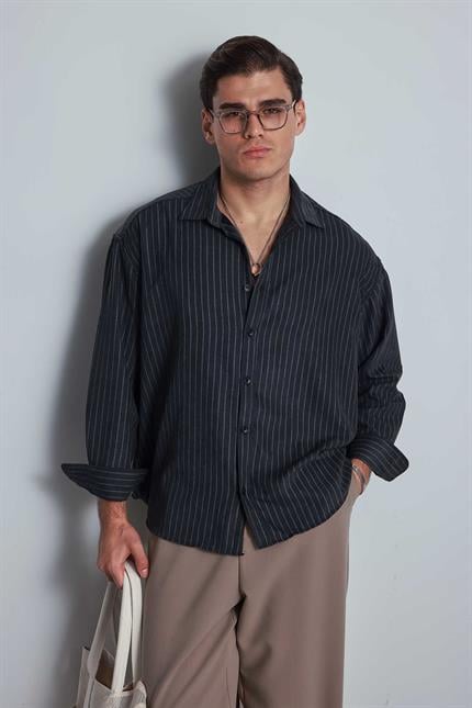 Erkek Oversize Çizgili Uzun Kollu Gömlek Siyah