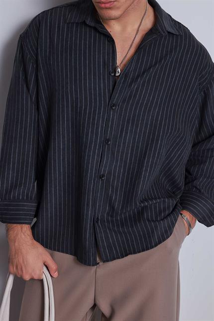 Erkek Oversize Çizgili Uzun Kollu Gömlek Siyah