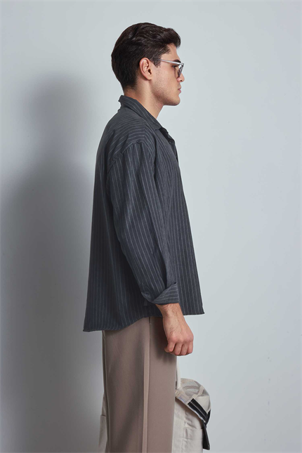 Erkek Oversize Çizgili Uzun Kollu Gömlek Antrasit
