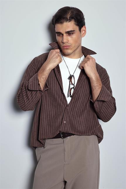 Erkek Oversize Çizgili Uzun Kollu Gömlek Kahverengi