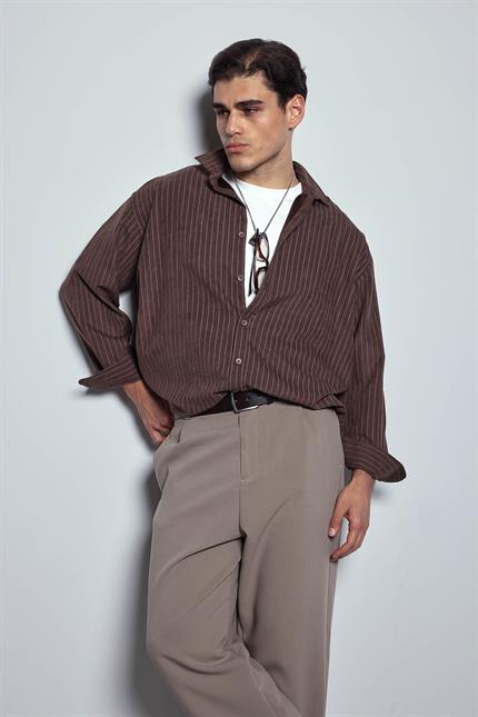 Erkek Oversize Çizgili Uzun Kollu Gömlek Kahverengi