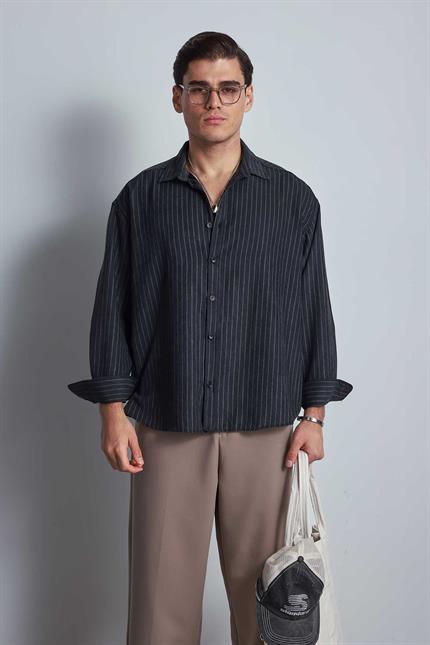 Erkek Oversize Çizgili Uzun Kollu Gömlek Siyah