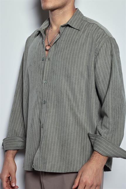 Erkek Oversize Çizgili Uzun Kollu Gömlek Haki Yeşil