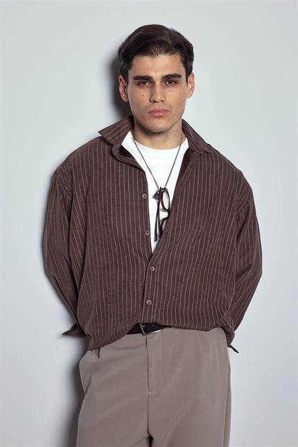 Erkek Oversize Çizgili Uzun Kollu Gömlek Kahverengi