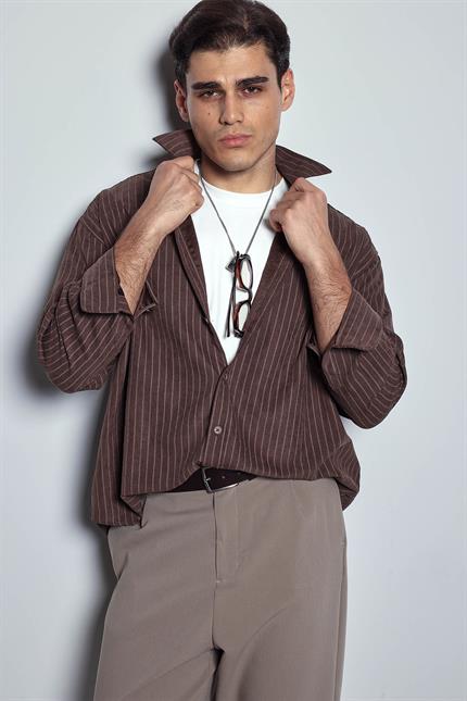 Erkek Oversize Çizgili Uzun Kollu Gömlek Kahverengi