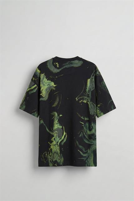 Erkek Oversize Desen Baskılı Premium T-Shirt Siyah