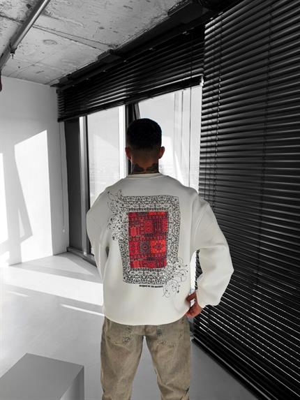 Erkek Oversize Desen Yamalı Sweatshirt Ekru