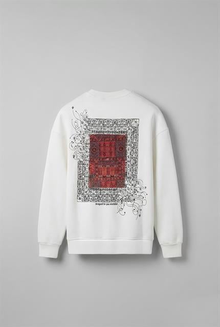 Erkek Oversize Desen Yamalı Sweatshirt Ekru