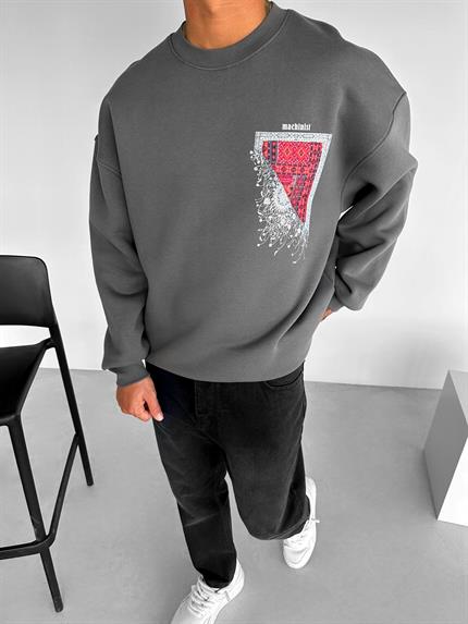 Erkek Oversize Desen Yamalı Sweatshirt Antrasit