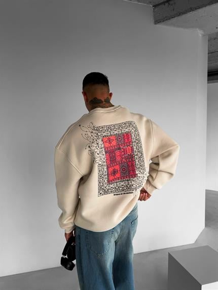 Erkek Oversize Desen Yamalı Sweatshirt Açık Bej