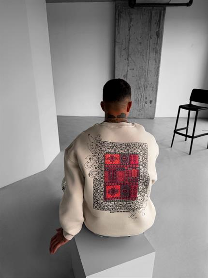 Erkek Oversize Desen Yamalı Sweatshirt Açık Bej