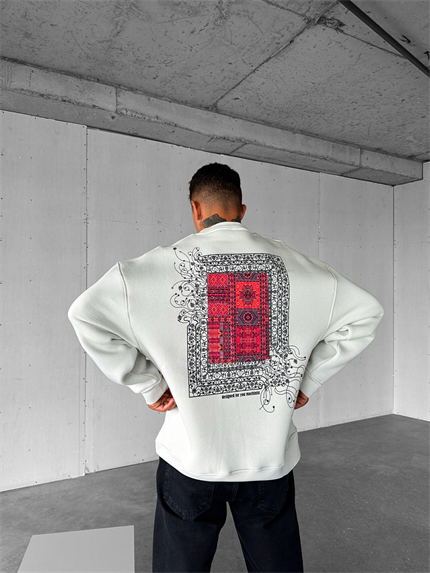 Erkek Oversize Desen Yamalı Sweatshirt Gri