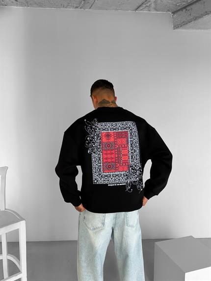Erkek Oversize Desen Yamalı Sweatshirt Siyah