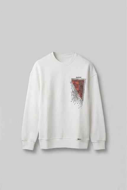 Erkek Oversize Desen Yamalı Sweatshirt Ekru
