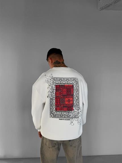 Erkek Oversize Desen Yamalı Sweatshirt Ekru