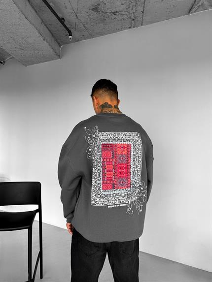 Erkek Oversize Desen Yamalı Sweatshirt Antrasit