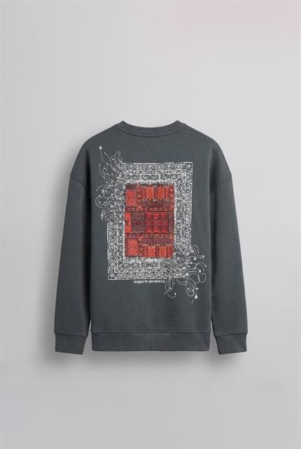 Erkek Oversize Desen Yamalı Sweatshirt Antrasit