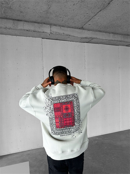 Erkek Oversize Desen Yamalı Sweatshirt Gri
