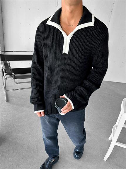 Erkek Oversize Desenli Dik Yakalı Ağır Kazak Siyah