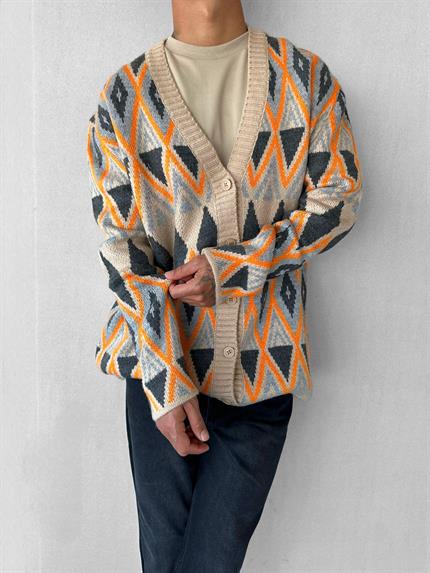 Erkek Oversize Desenli Hırka Turuncu