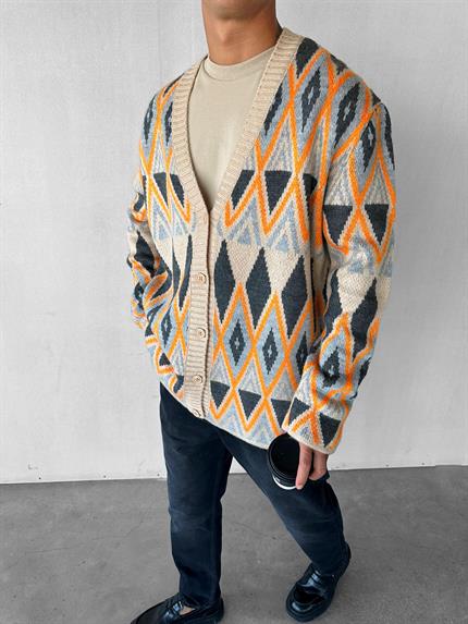 Erkek Oversize Desenli Hırka Turuncu