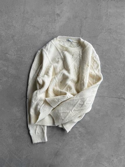 Erkek Oversize Desenli Triko Kazak Ekru