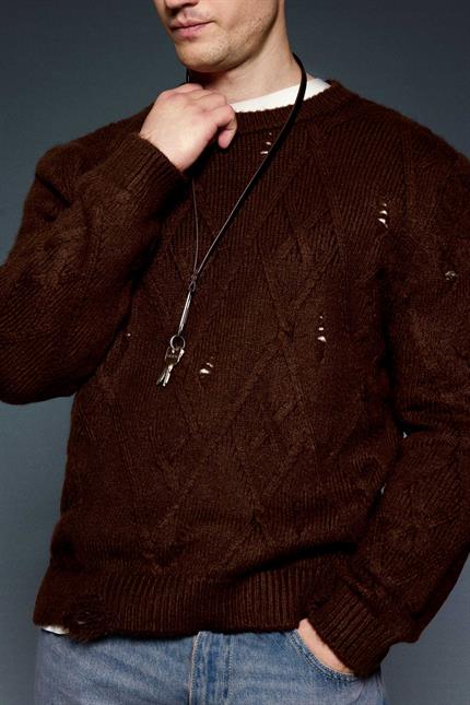 Erkek Oversize Desenli Triko Kazak Kahverengi