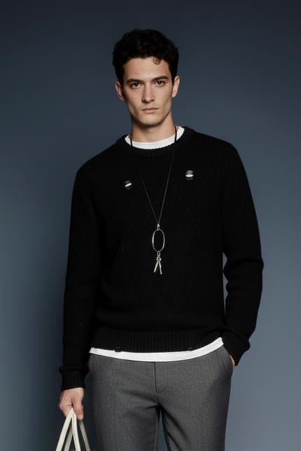 Erkek Oversize Desenli Triko Kazak Siyah