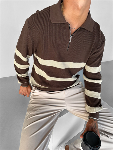 Erkek Oversize Desenli Yarım Fermuarlı Triko Kazak Kahverengi