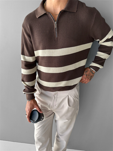 Erkek Oversize Desenli Yarım Fermuarlı Triko Kazak Kahverengi