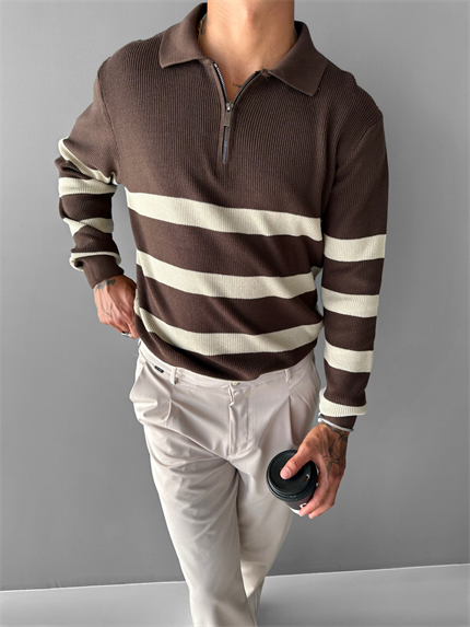 Erkek Oversize Desenli Yarım Fermuarlı Triko Kazak Kahverengi