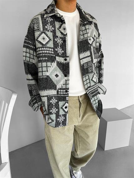 Erkek Oversize Desenli Yumuşak Dokulu Gömlek Yeşil