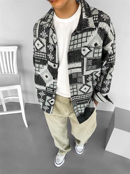 Erkek Oversize Desenli Yumuşak Dokulu Gömlek Yeşil