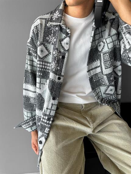 Erkek Oversize Desenli Yumuşak Dokulu Gömlek Yeşil