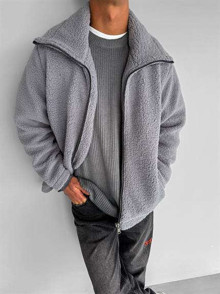 Erkek Oversize Dik Yaka Peluş Ceket Açık Gri