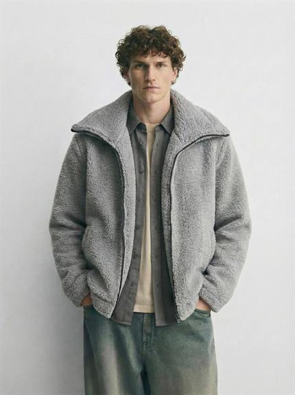 Erkek Oversize Dik Yaka Peluş Ceket Açık Gri