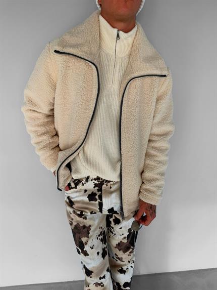 Erkek Oversize Dik Yaka Peluş Ceket Bej