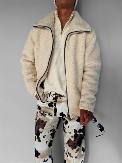 Erkek Oversize Dik Yaka Peluş Ceket Bej