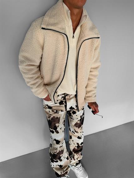 Erkek Oversize Dik Yaka Peluş Ceket Bej